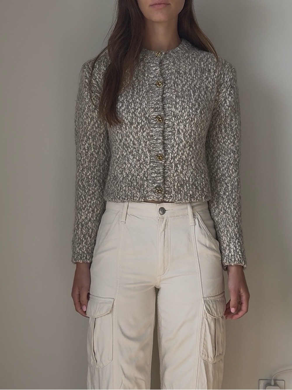 Massimo Dutti Marled Gray Cropped Button Cardigan